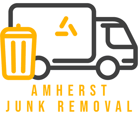 Logo for Amherst Junk Removal - garbage truck with a trash can and text below it